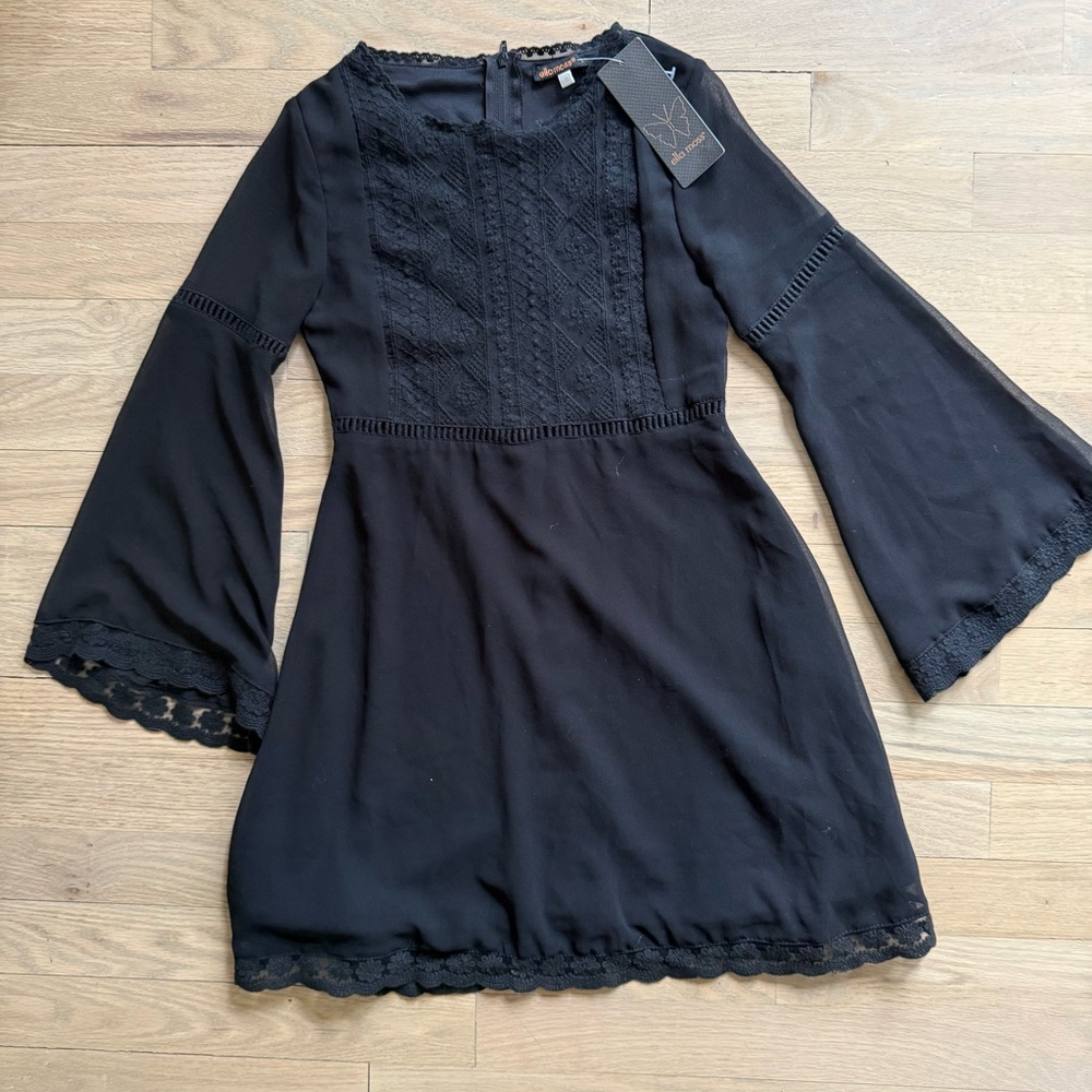 Ella Moss Black Lace-Trim Bell Sleeve Dress, Girls size 7/8